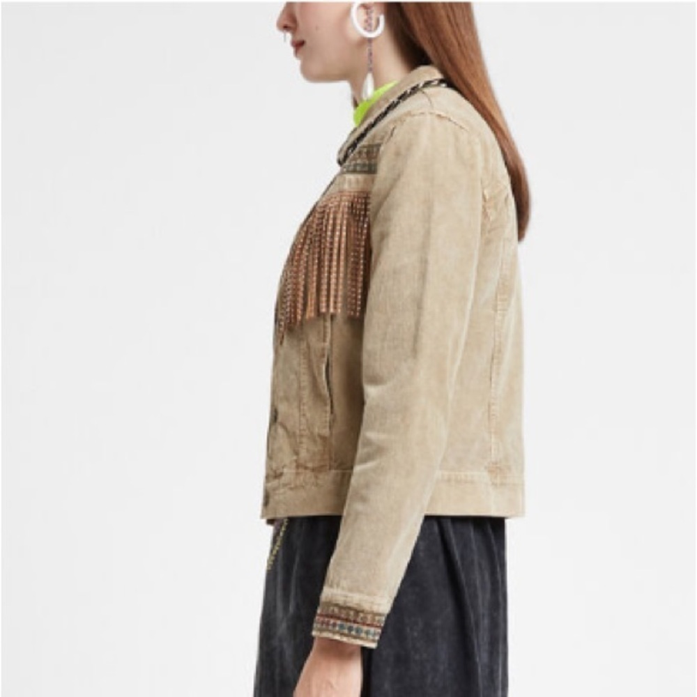 Desigual Western Fringe Embroidered Corduroy Jacket NWOT Boho Fleece lined - Picture 2 of 15